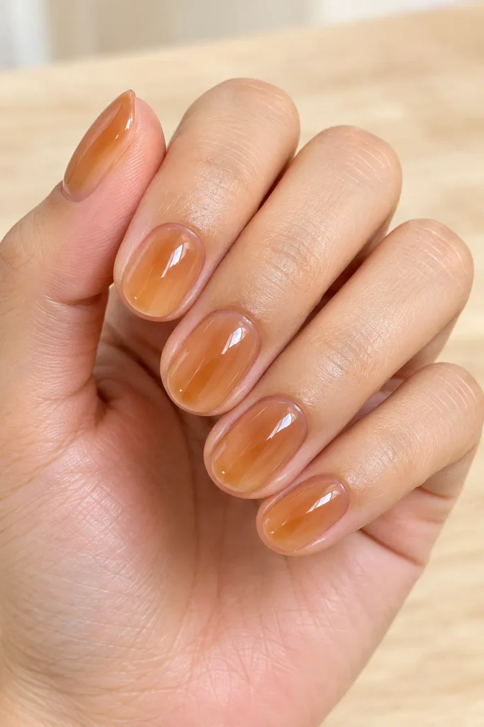 Short sheer caramel jelly gel nails with glossy finish