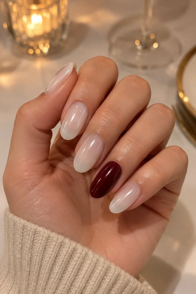 Sheer jelly white nails paired with one glossy burgundy accent