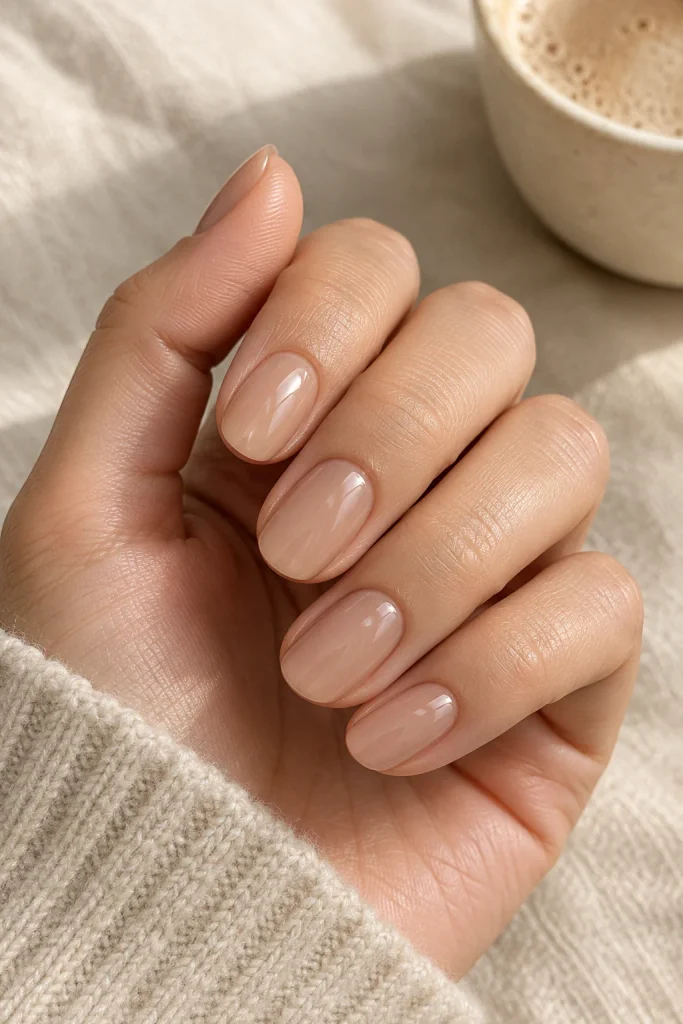Sheer latte gloss on short oval fall nude nails