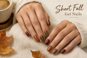 Elegant short fall gel nails in rich autumn shades