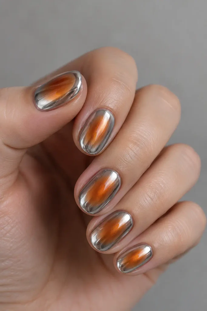 Silver mirror chrome nails with a burnt orange aura
