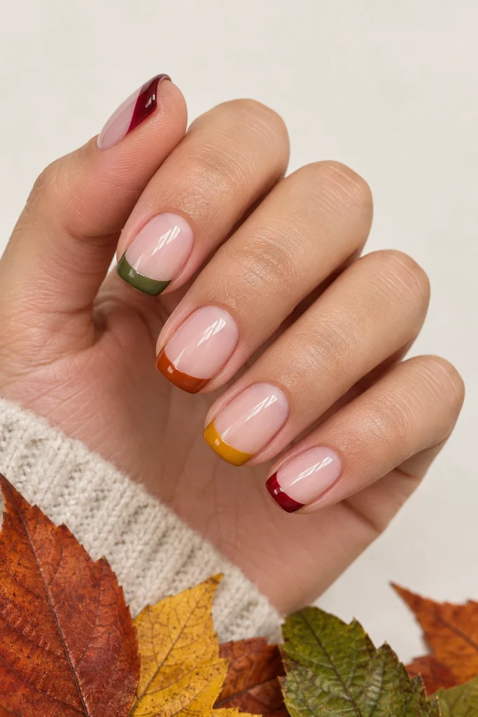 Squoval nails with burgundy, olive, rust, and mustard French tips.