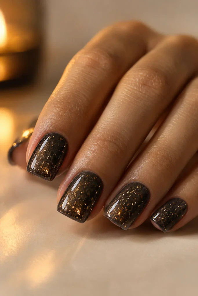 Short smoky charcoal gel nails with tiny gold flecks