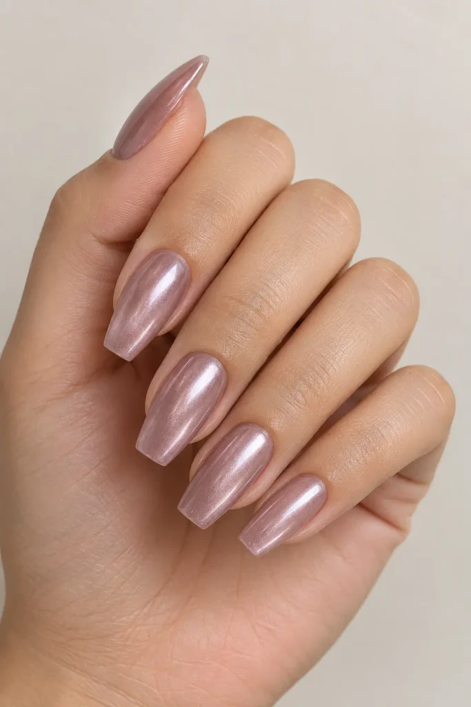 Smoky mauve coffin nails with a soft pearlescent glaze