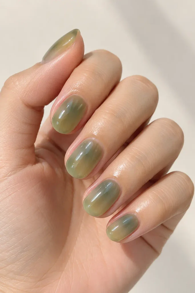 Smoky pistachio green jelly nails with translucent glossy layers