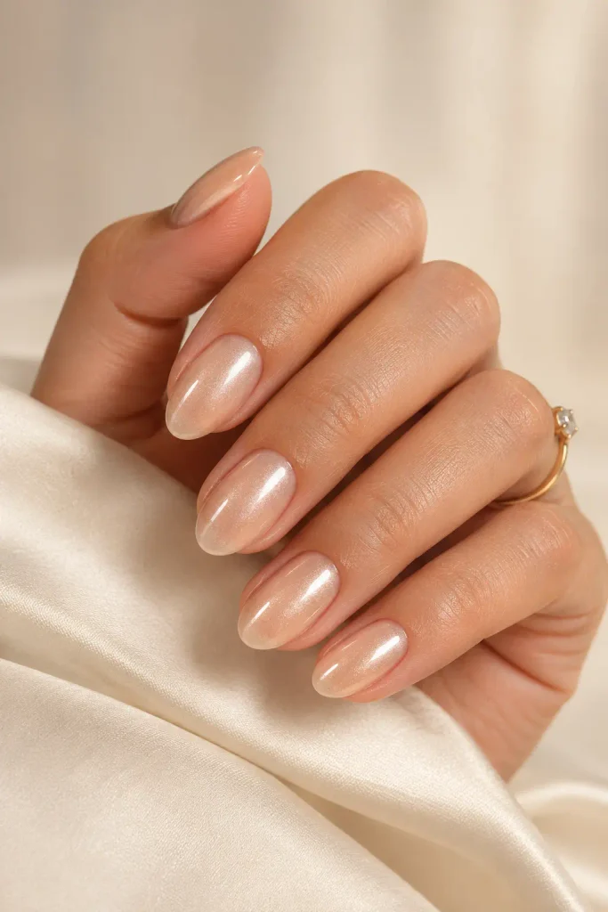 Soft champagne glazed nails with pearly bridal shimmer