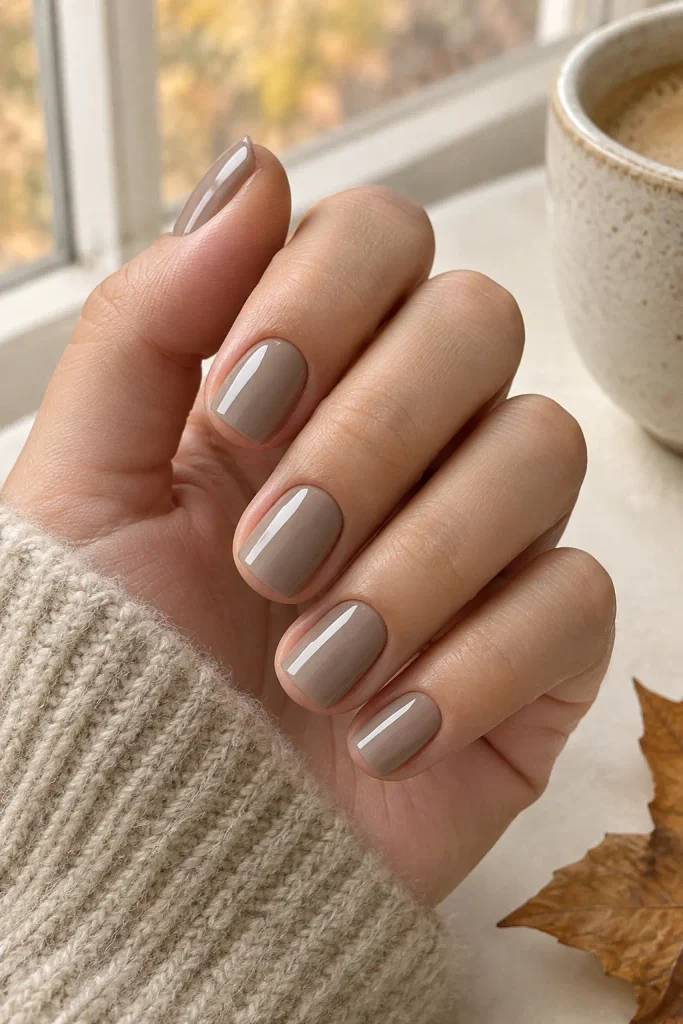 Short greige nails with a smooth glossy autumn finish