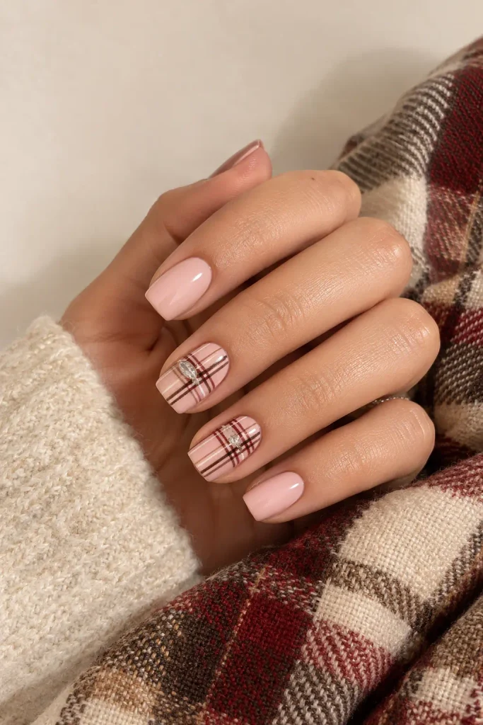Soft pink nails featuring cream brown and burgundy plaid
