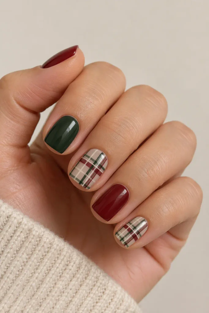 Soft tartan plaid nails featuring muted red green cream