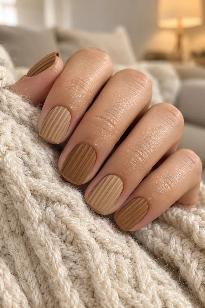 Tan square nails featuring delicate raised vertical textured lines