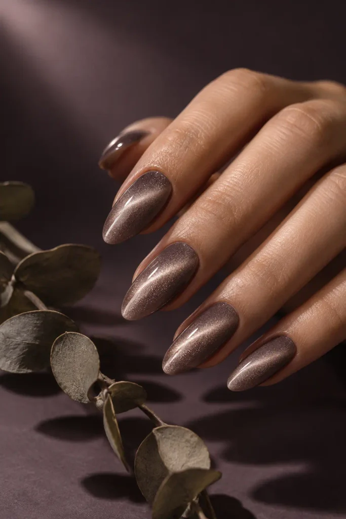 Taupe almond nails featuring a silky magnetic cat eye
