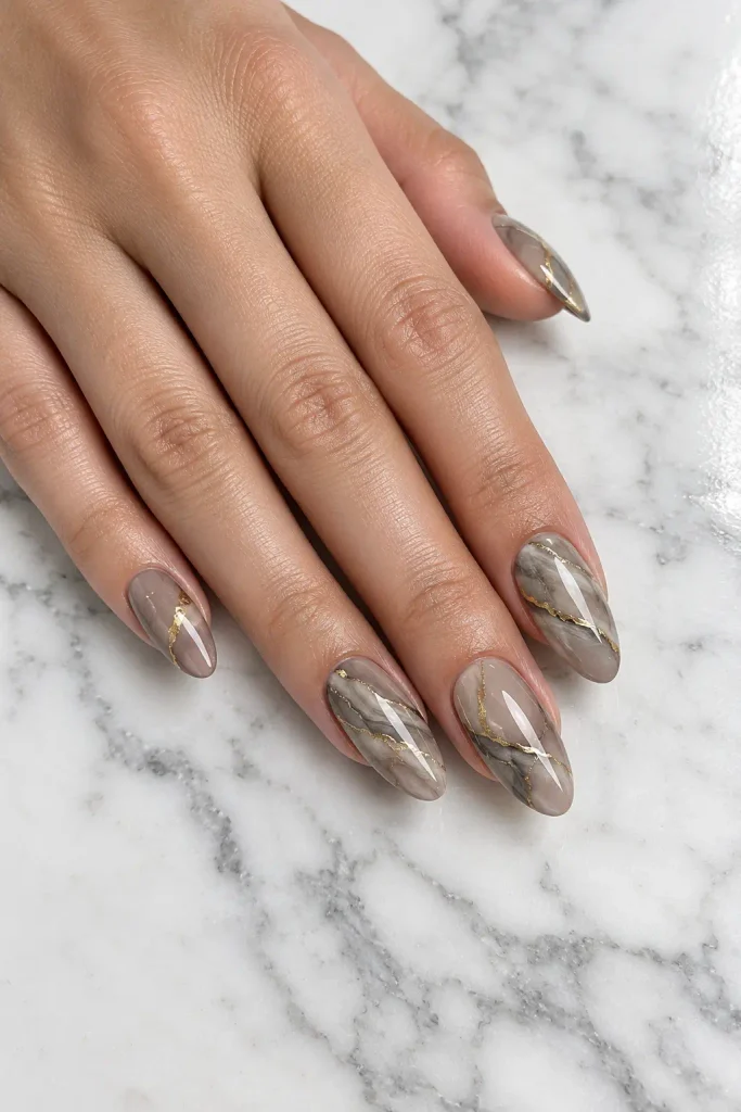 Taupe marble nails featuring elegant thin golden veins