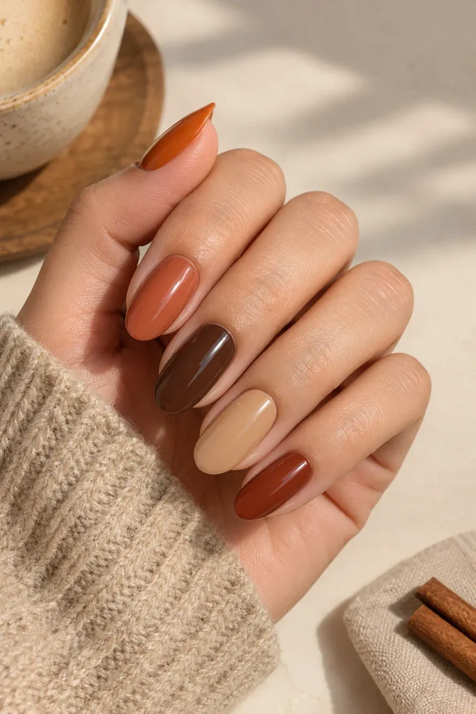 Terracotta chocolate brown and burnt orange mixed manicure