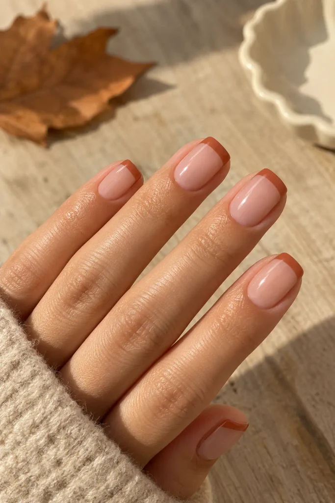 Terracotta French tips on sheer peach bridal nails