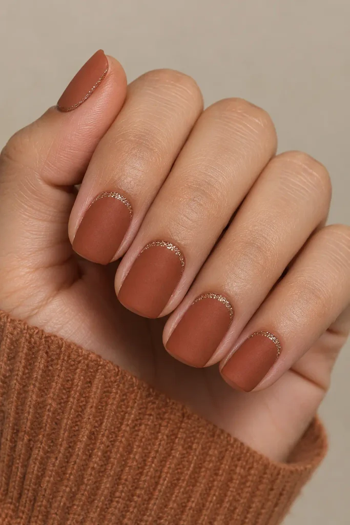 Matte terracotta nails accented with a fine glitter cuticle line