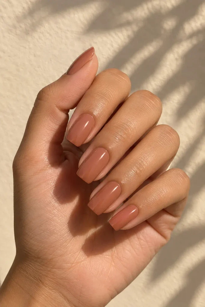 Terracotta nude nails with a warm creamy satin finish