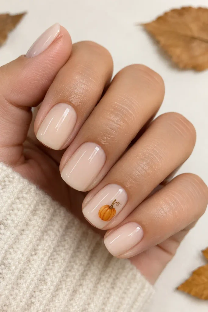 Tiny hand-painted pumpkin decorates elegant cream nude nails beautifully