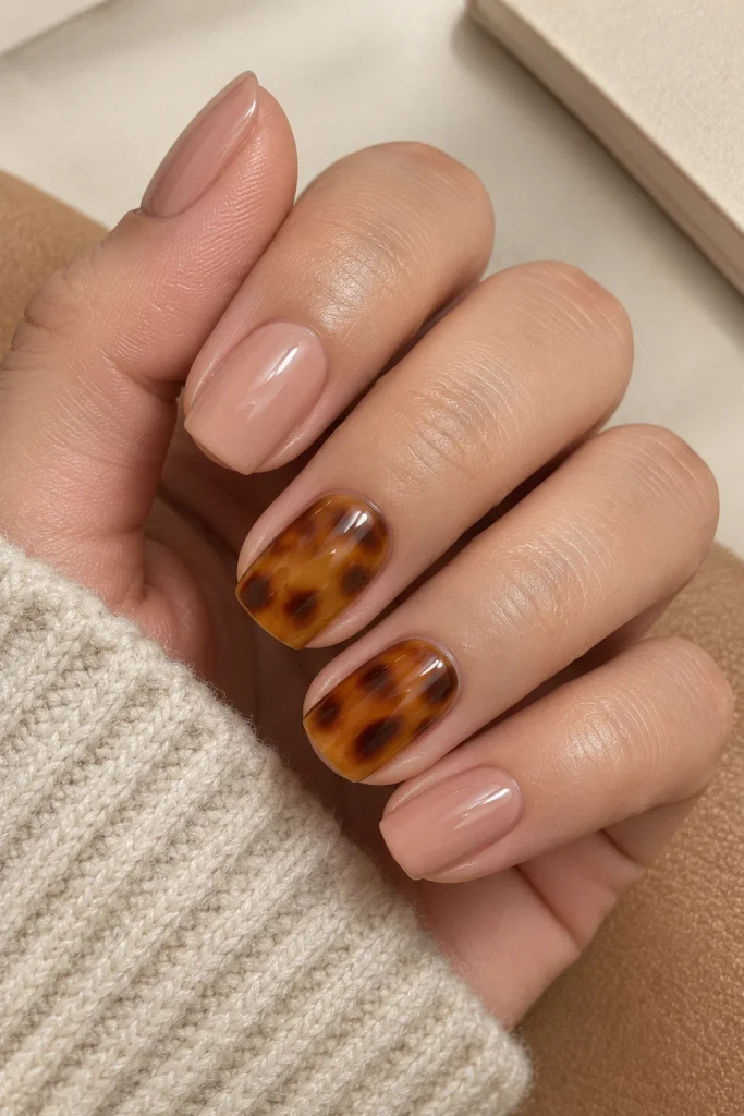 Tortoiseshell accent nails paired with a warm nude base