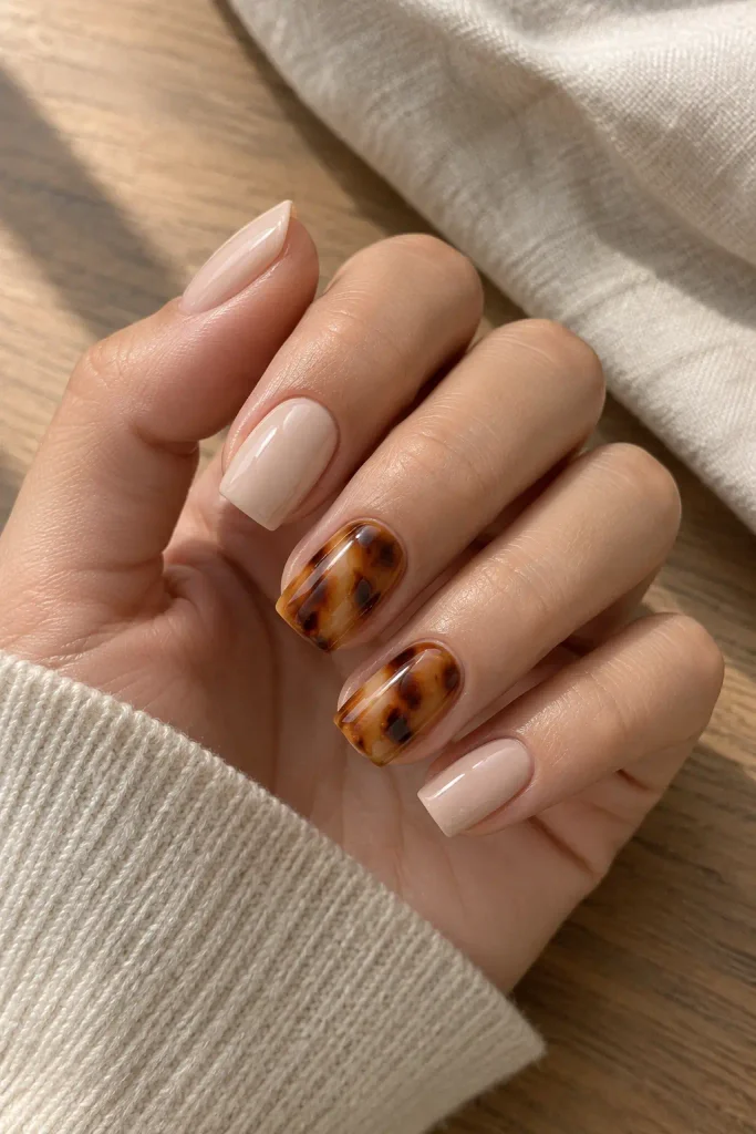Creamy nude nails paired with amber brown tortoiseshell accents