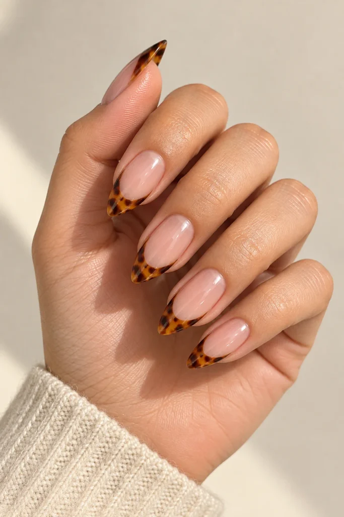 Almond nails with amber and brown tortoiseshell French tips.