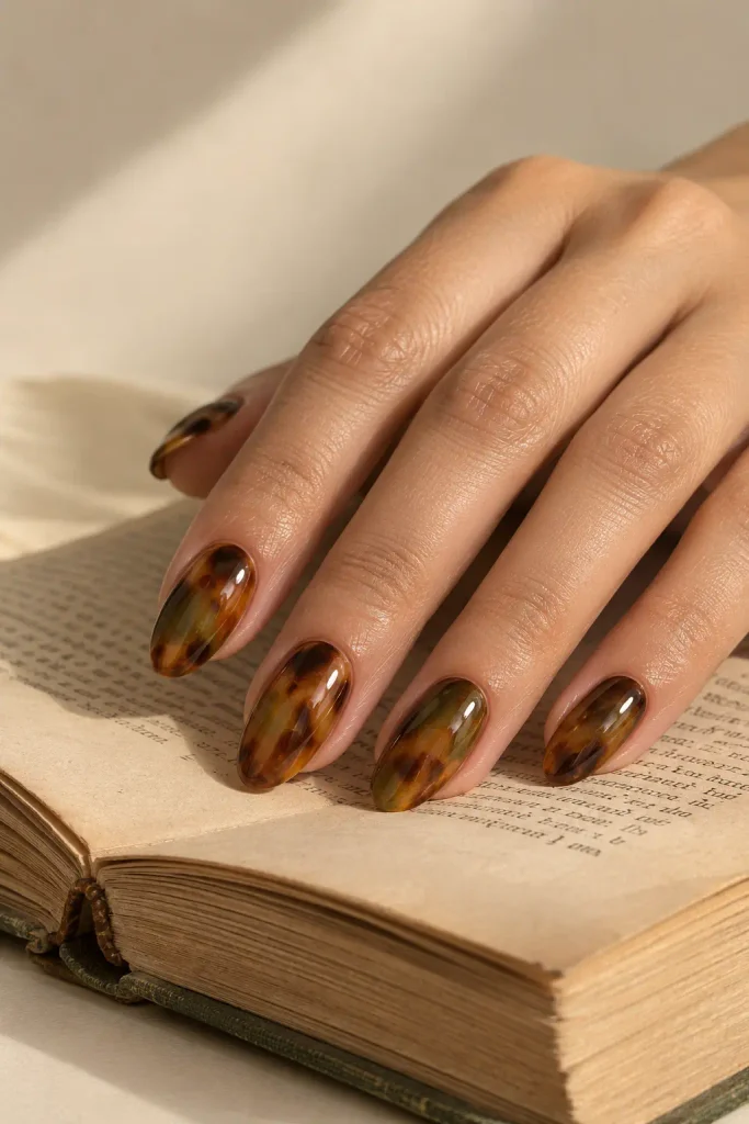 Tortoiseshell nails blended with earthy moss green swirls
