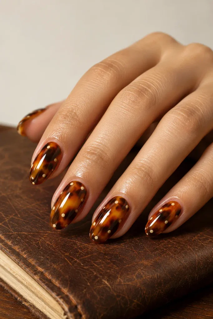 Tortoiseshell nails featuring amber brown swirls and cream dots