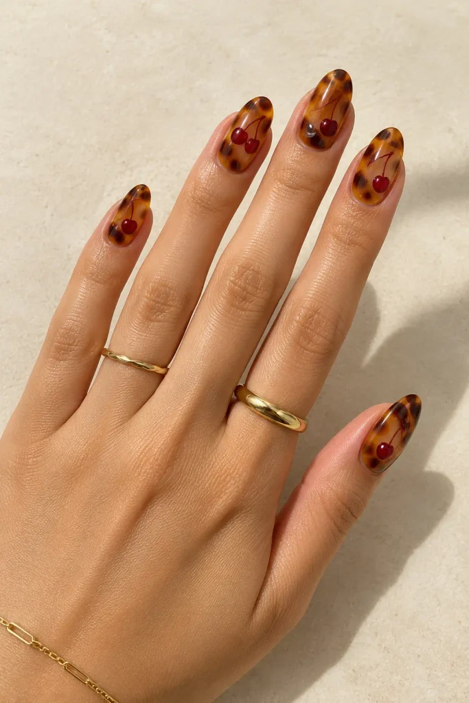 Tortoiseshell patterned nails with glossy cherry red accent swirls