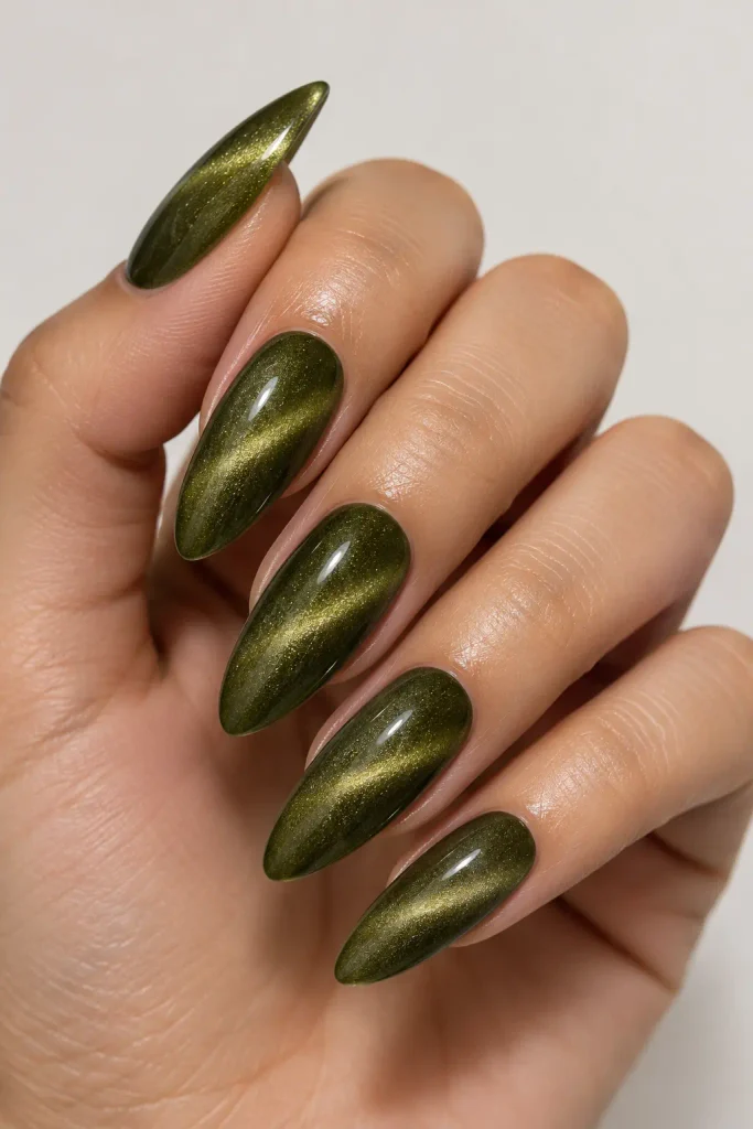 Velvet olive cat eye nails with magnetic moonlit shimmer