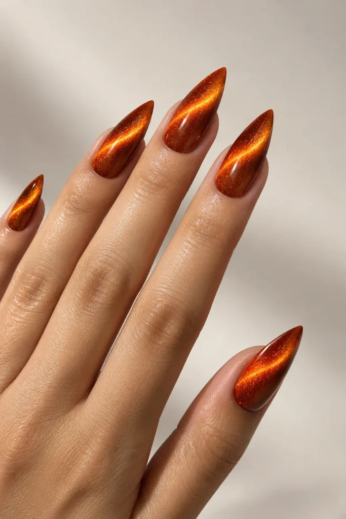 Magnetic pumpkin orange cat eye nails shimmer with copper