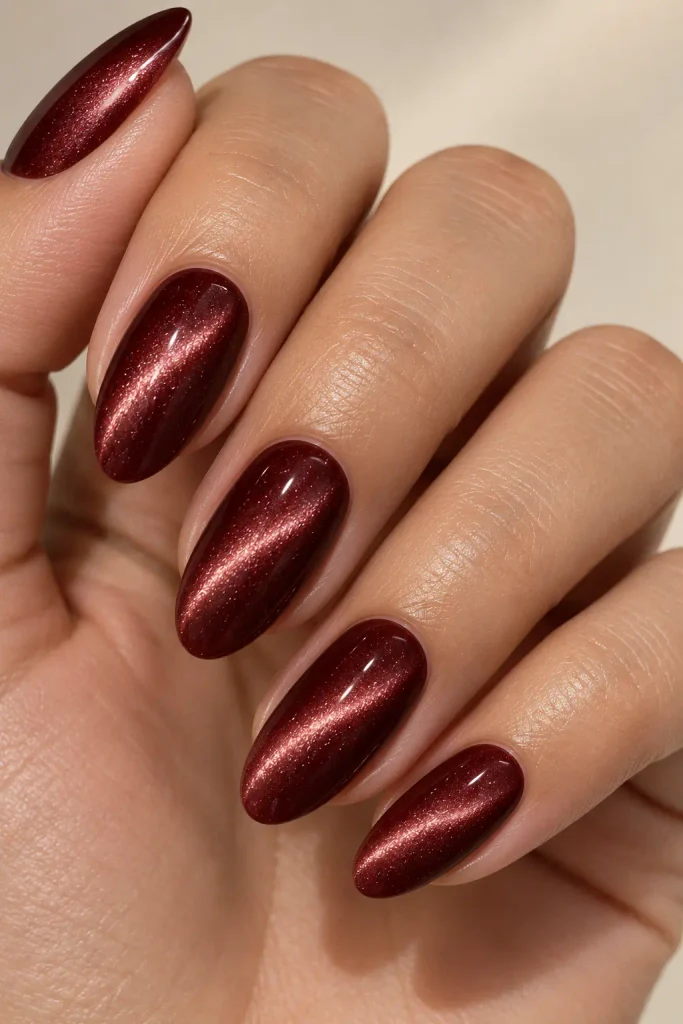 Velvet wine red cat-eye nails with magnetic shimmer