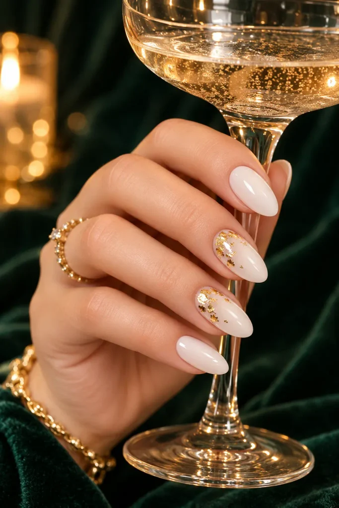 White almond nails decorated with delicate gold leaf flakes