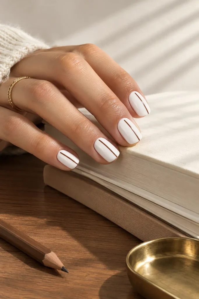 White squoval nails decorated with fine cocoa brown lines