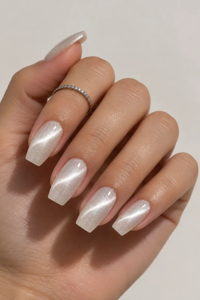 White velvet cat eye nails with shimmering magnetic highlights