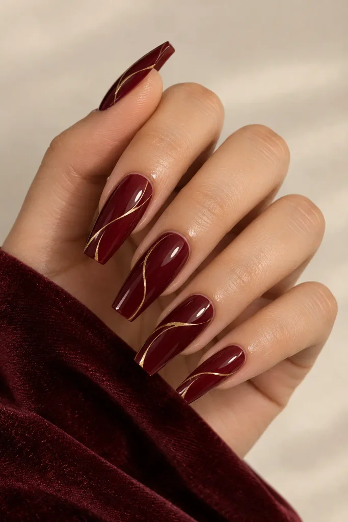 Wine red coffin nails decorated with fine gold lines