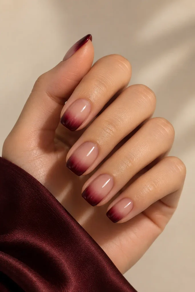 Wine red ombre nails fading over soft nude