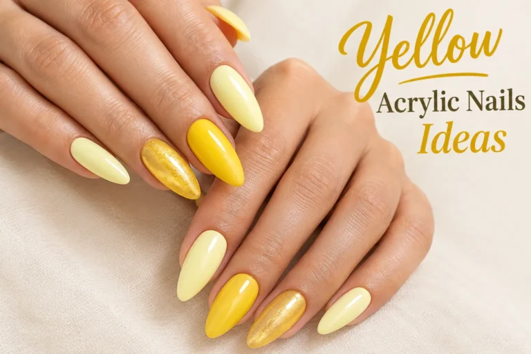 Yellow acrylic nails in glossy butter yellow, lemon, and gold designs on almond-shaped nails.