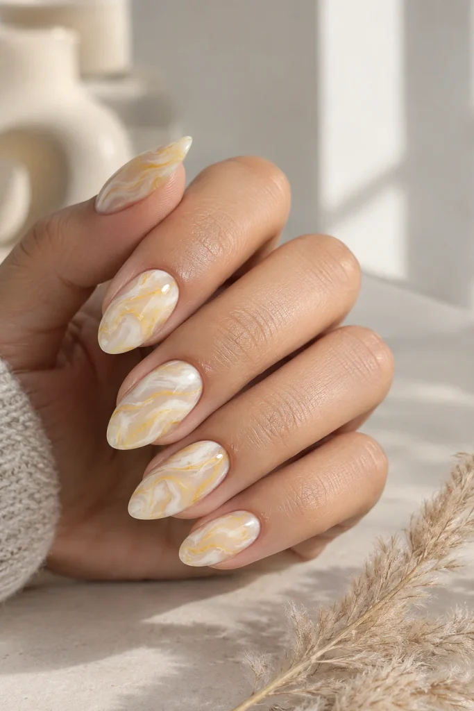 Short yellow and cream nails with marble swirls