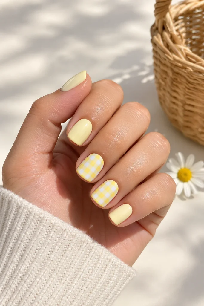 Short yellow nails with white gingham accent design