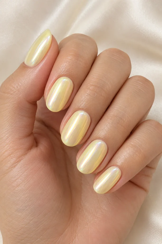 Short pale yellow pearl glazed nails with chrome shine